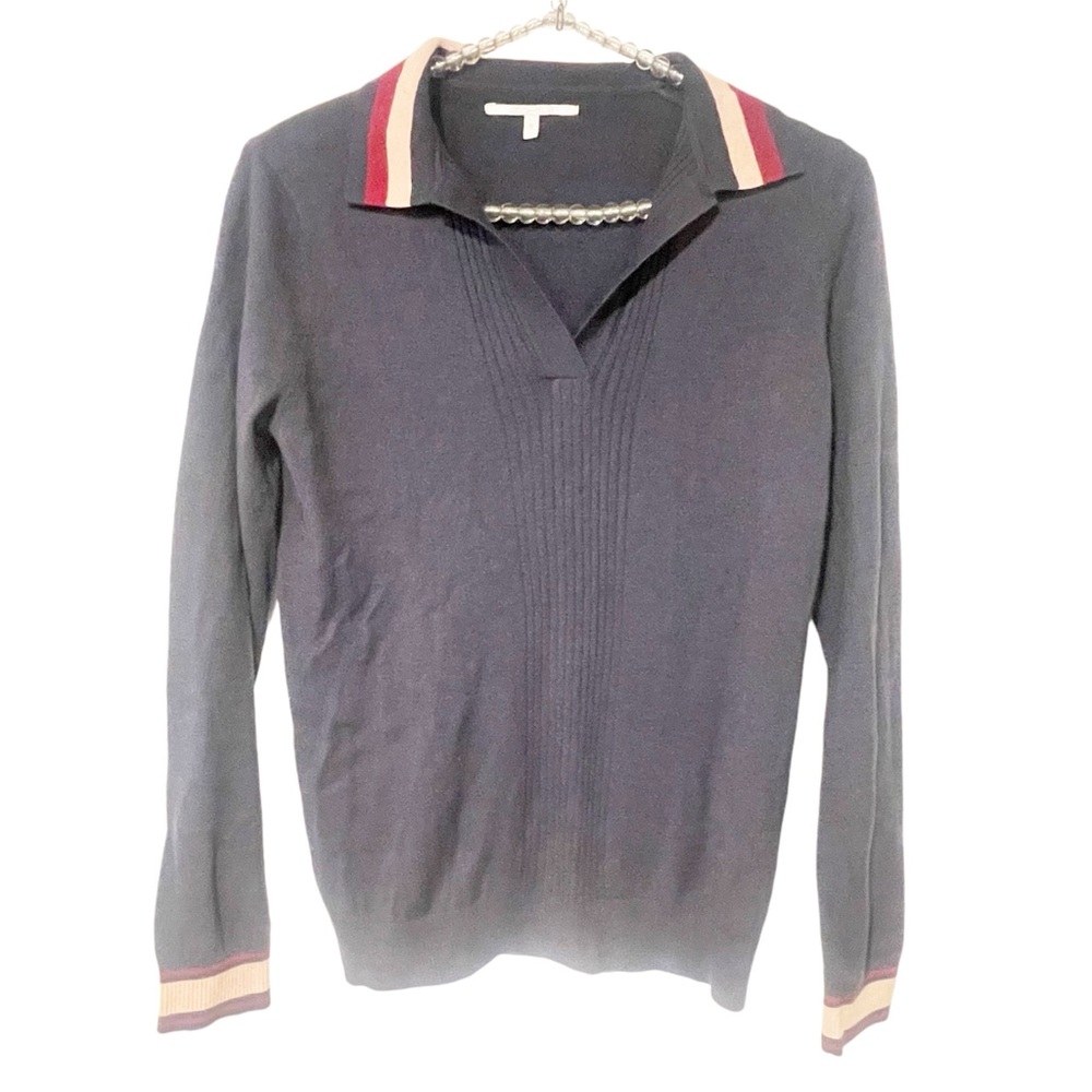 Jodhpur Size 0 Blue Cashmere Wool Ribbed V‎ Neck Collared Sweater